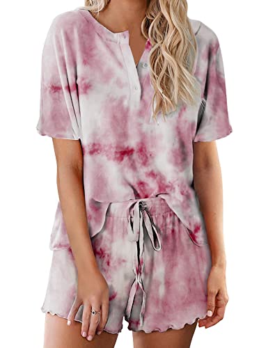 Image of Ekouaer Pajamas Set for Women Short Sleeve Lounge Set 2 Piece Loungewear PJs Soft Cute Lightweight Sleepwear