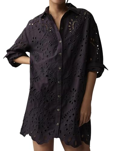 Image of CHARTOU Women Eyelet Lace Dress Button Down Shirt Loose Fit Summer Casual Mini Dress