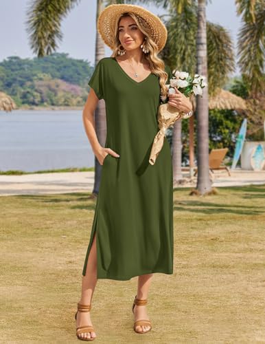 Image of Zeagoo Women Summer Floral Dress Short Sleeve Beach Dress with Pockets Casual V-Neck Split Long T-Shirt Dress Travel Vacation
