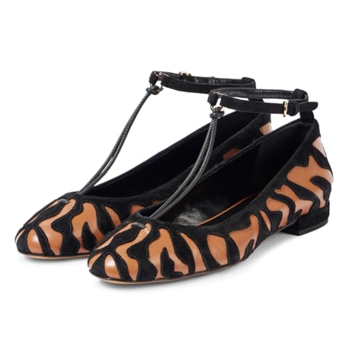 Zszszsu Women's Chic Round Toe Strappy Flats Chunky Low Heels Ankle T-Strap Shoes for Party Daily Outfit Size 4-16 US