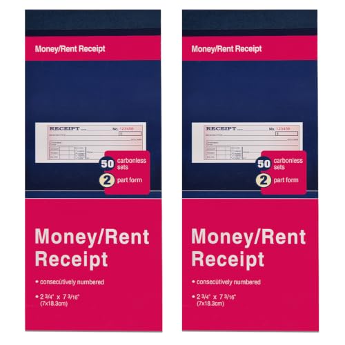2 Pack Receipt Book with Carbon Copies, Money and Rent Receipt Book 2 Part Carbonless, 2-3/4" x 6-1/2" Receipt Book for Small Business, 50 Sets per Book