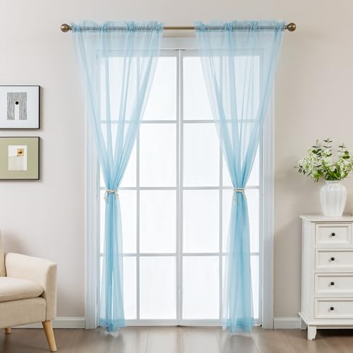 Image of Blue Sheer Curtains 108 Inches Extra Long, Privacy Semi Sheer Curtains for Living Room Bedroom, Light Filtering Rod Pocket Voile Window Drapes 2 Panels Set, Each 42 inch W x 108 inch L