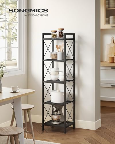 Image of SONGMICS 5-Tier Steel Storage Rack, Shelving Unit with X Side Frames | Dense Mesh, 12.6 x 15.7 x 57.3 Inches, Traditional Basic Style, Matte Black, DACEY Collection UBSC145B01