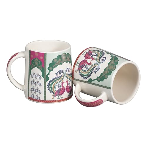 Image of miah decor Neelmayur Royale Collection Handcrafted Ceramic Coffee Cups Set of 2 | Mughal Peacock Design Tea & Coffee Mugs | Green & Maroon on Cream Base | Microwave & Dishwasher Safe