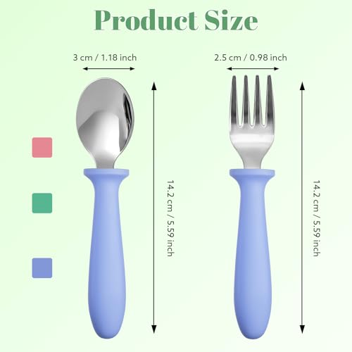 Image of 12-Piece Toddler Fork and Spoon Set, Stainless Steel, Dishwasher Safe | Plastic handles, rounded edges, easy-grip size for little hands, BPA-free, reusable for daily self-feeding