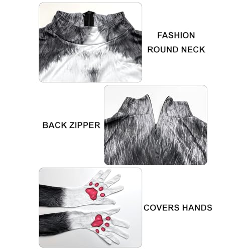 Image of Men's Animal Bodysuit Costume with Big Tail Print Petsuit Spandex Furry Jumpsuit Cosplay Halloween Party
