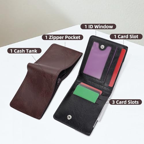 Wallet for Men, PU Leather Slim Wallet with Zipper Coin Pocket and Snap, Minimalist Mens Wallet with 5 Card Slots and ID Window (Black)4