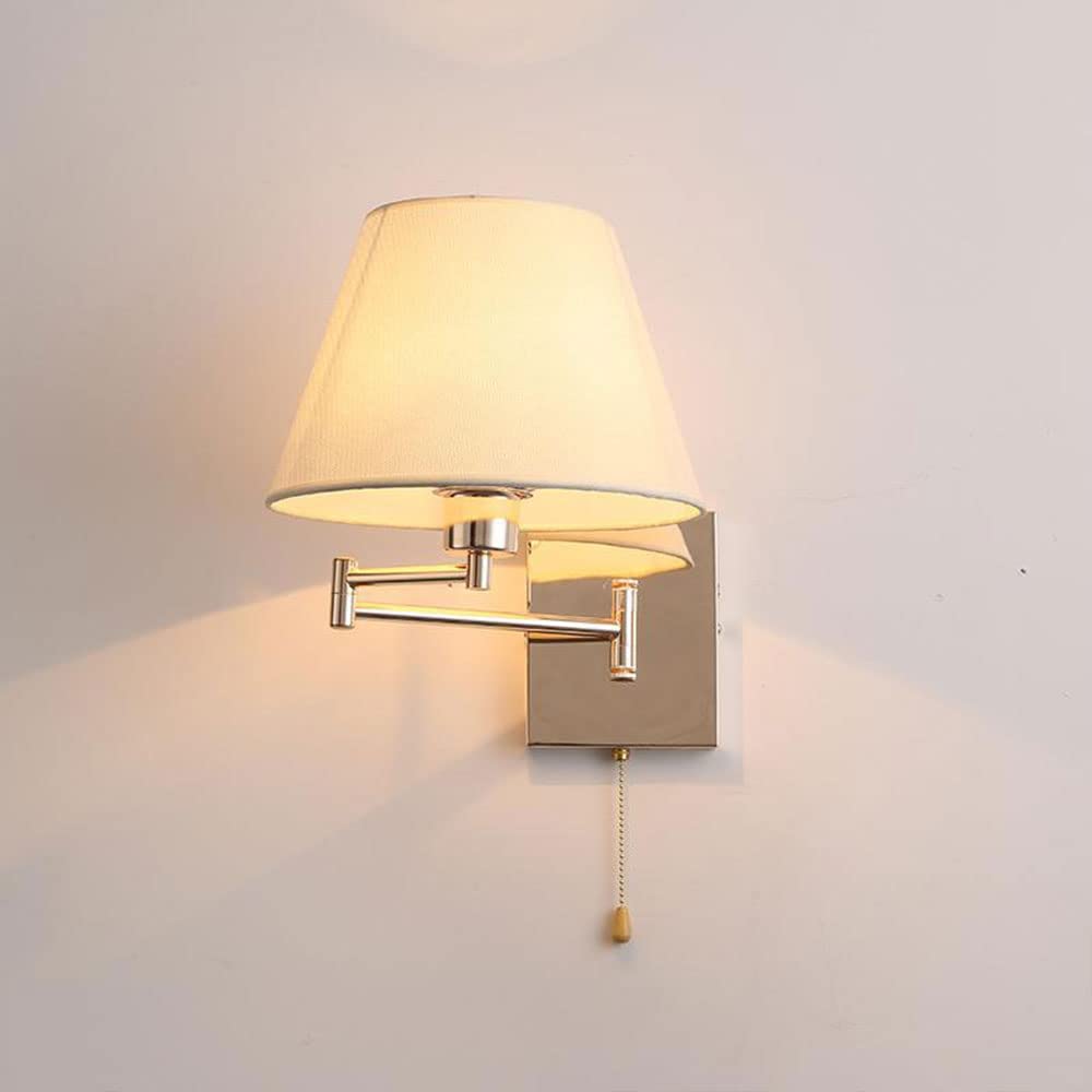 Modern Indoor Wall Light Fabric Wall Sconces Swing Arm with Pull Cord Switch Metal Fabric Shade Single Head Wall Lantern for Hotel Bedroom Living Room