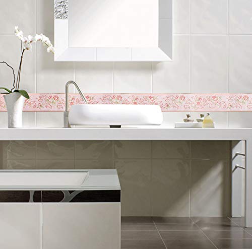 Yoillione Tapetenbordüre Selbstklebend Wandbordüre Bad Bordüre Blumen Rosa, Wasserdichte Klebe Tapete Bordüre Wand Bordüren für Wohnzimmer Badezimmer Schlafzimmer Wanddeko Stciker