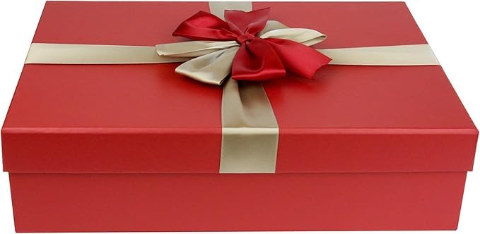 Emartbuy Red/Gold Rigid Gift Box with Ribbon – 33.5 × 25 × 10 cm – Luxury Cardboard Presentation Box|Premium Packaging for Hampers, Birthdays, Weddings, Corporate Gifting