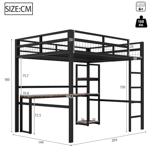 Merax Hochbett aus Metall, 140 x 200 cm, mit Schreibtisch und mehrere Einlegeböden, Steckdose, USB und Type-C - Bettgestell mit Lattenrost(ohne Matratze) für Kinder/Erwachsene, Schwarz – Bild 3