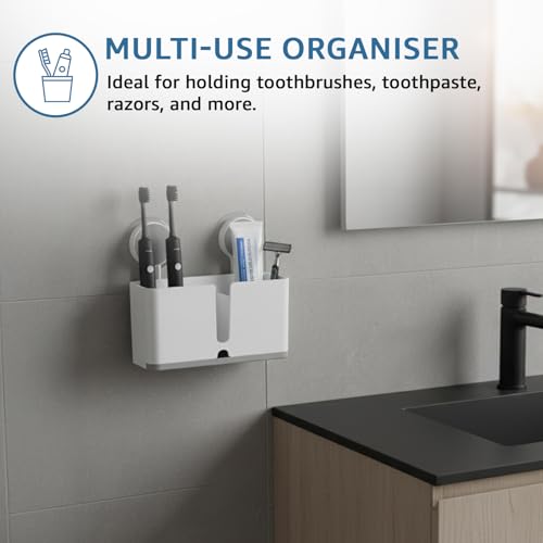 Image of Amazon Basics Toothbrush and Bathroom Organiser | Wall-Mounted | Self-Adhesive with Drain Tray | White | Plastic | 21L x 8W x 19H cm