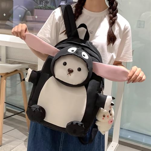 Cute Puppy Pink Backpack with Cartoon Charm Pendant for Women Large Capacity Dog in A Rabbit Costume for Gift (Black)2