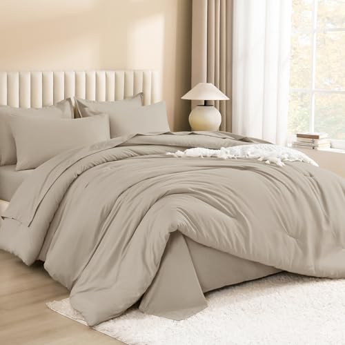 Image of Litanika Comforter Full Size Sets Oatmeal - 7 Pieces Bed in a Bag Full Bedding Comforter Sets, Plain Lightweight Bed Set with Comforter, Sheets, Pillowcases & Shams