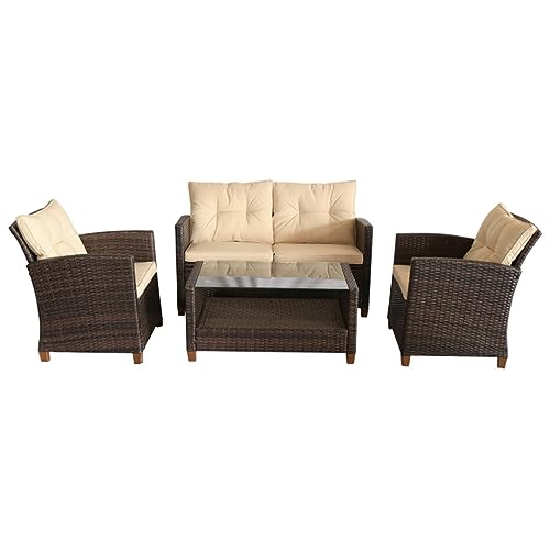 Juego de muebles de patio de 4 piezas para exteriores, sofá y sillas de mimbre para exteriores, con cojines de mesa de café de vidrio de 2 niveles