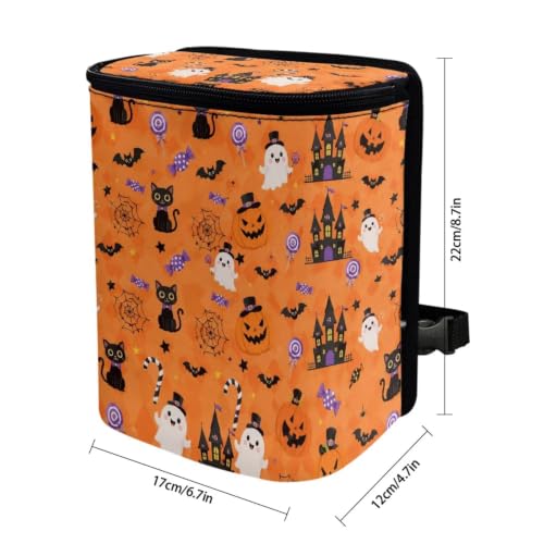 Image of Talayituse Cat Ghost Pumpkin Bat Print Car Trash Can with Lid, Leak Proof Auto Trash Bag Hanging Vehicle Garbage Can Multipurpose Storage Container for Back Seat Road Trip Halloween Decor