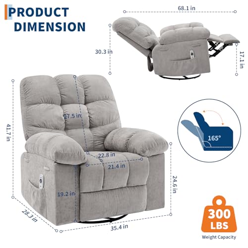 Image of 360 Swivel Rocking Recliner Chair with Vibration Massage & Heat, Oversized Rocker Recliner with Side Pocket for Living Room, Bedroom, Nursery & Small Spaces,Gray