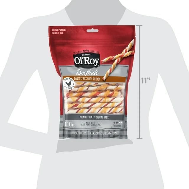 Ol's Roys Rawhide Dog Chews - 100 Count Twist Sticks with Chicken - Long Lasting Dog Treats for Small, Medium & Large Dogs (23.6 oz)