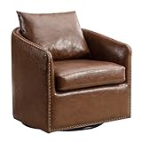 HAOMARKETS 360 Degree Swivel Barrel Chair with Plump Back Pillow, Waterproof Oil Waxed PU Leather Swivel Armchair with Rivets, Comfy Vintage Round Accent Chair for Living Room