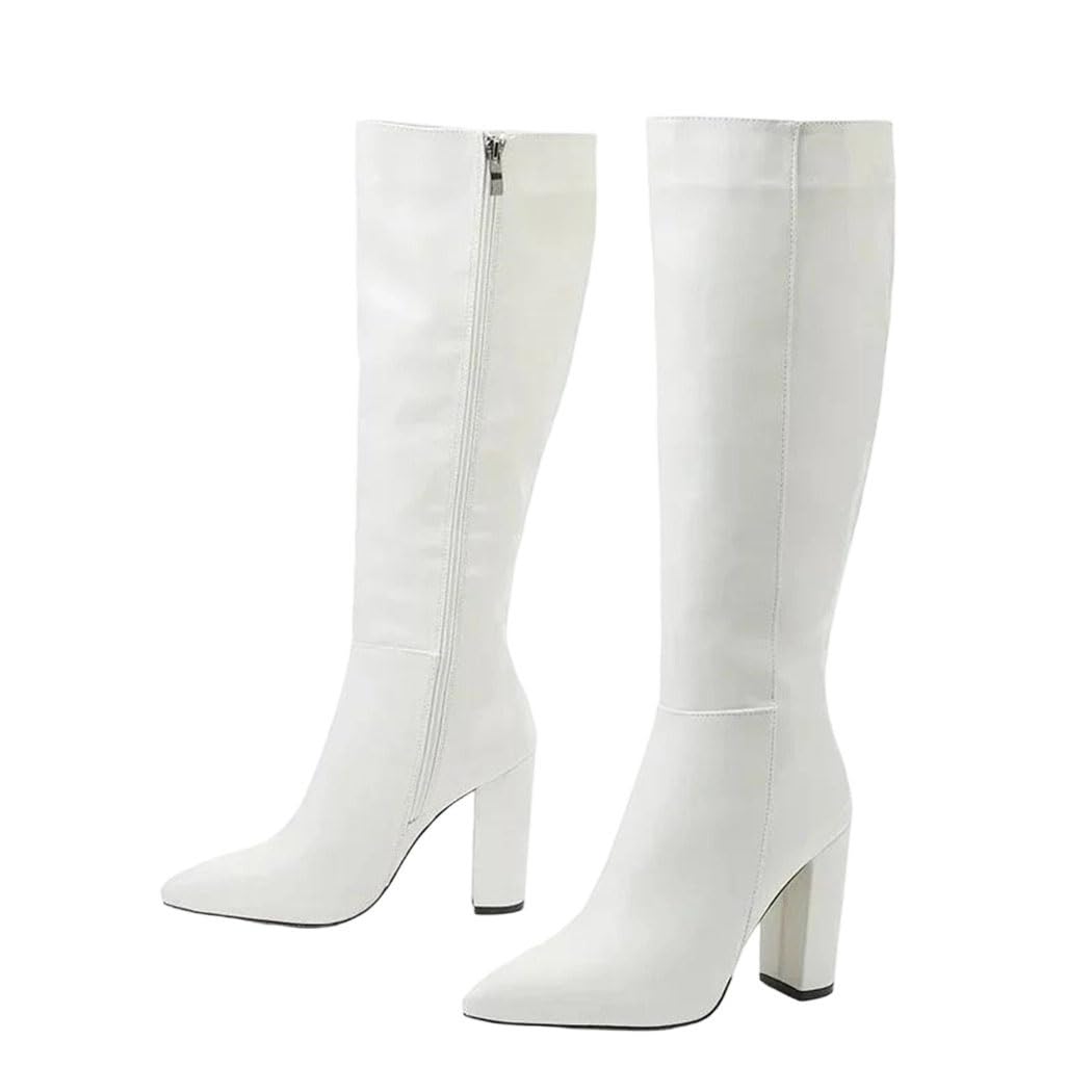 Women Knee High Motorcycle Boots Pointed Toe Square Heel Long Zipper Pu Leather Boot