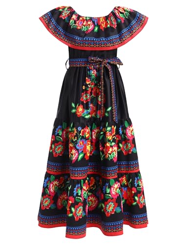 FYMNSI Girls Mexican Dress Spring Summer Off-Shoulder Ruffle Traditional Folk Maxi Dress Belted Cinco De Mayo Fiesta Sundress3