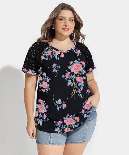 Image of CARCOS Plus Size Tops for Women Short Sleeve Raglan Striped Tee Color Block Crewneck /V Neck Tunic Loose Fit Summer XL-5XL