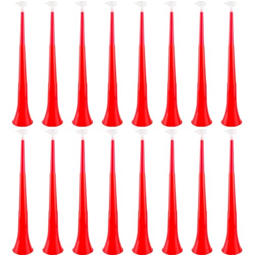 Hoarost 16 Pcs 24 Inch Plastic Collapsible Stadium Horn Vuvuzela Horn Noisemakers for Sporting Events Graduation Sports Games Party Favors (Red)
