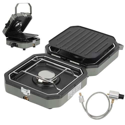 Eikuavons Hornillo de camping 2 en 1 de gas, hornillo de gas para camping, 2 fuegos, plegable, con placa de barbacoa para exteriores, barbacoa, senderismo y emergencias (butano, gris), incluye
