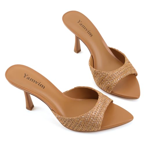 Image of Heel Mules for Women Pointed Open Toe High Heel Sandals | 3 Inch Peep Toe Slip On Backless Sexy Stiletto Heels for Party Wedding Daily Summer