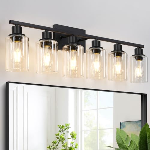 Image of MOKATNG 6-Light Bathroom Light Fixtures, Vanity Light with Clear Glass Shades, Matte Black Bathroom Light Fixtures Over Mirror, Modern Bathroom Wall Lamp for Mirror Living Room Cabinet Bedroom