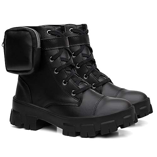 Bota Coturno Feminino Tratorada Tendência Blogueiras Bolsos - Preto Fosco/36