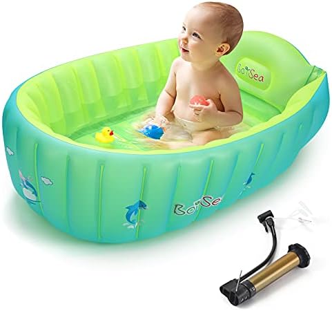 Boysea Inflatable Baby Bathtub with Air Pump, Bathtub Seat with Anti-Sliding Saddle Horn for Newborn to Toddler, Portable Travel Shower Basin with Back Support, Deflates and Folds Easily