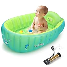 Inflatable Baby Bathtub, Boysea Toddler Bath Tub with Anti-Sliding Saddle Horn Helps Infants to Toddler Tub, Portable Travel Shower Basin with Air Pump, Back Support Green