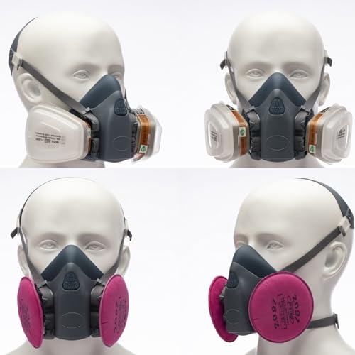 RANKSING 7502 Reusable Respirator Gas Mask with P100 Filters and Goggle to Against Dust Gases Fumes Asbestos Chemicals while Painting Spraying Sanding Welding Construct and Work PPE