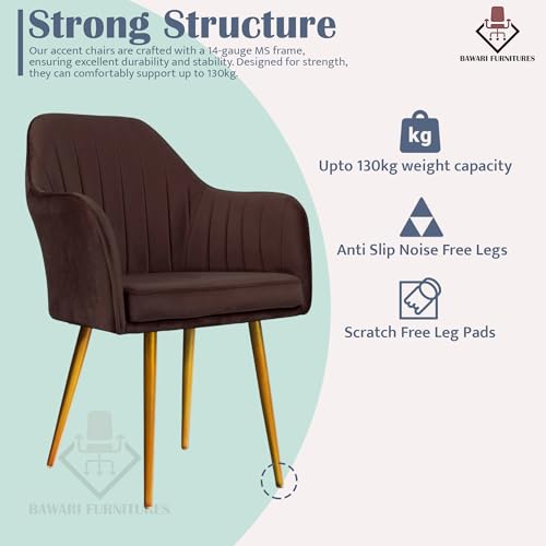 Image of Accent Chair for Living Room| Soft Velvet Fabric Armchair with Multi Colour Leg Options | Modern Chair with Thick Cushion for Home Office restaurent and cafes| 1pc (Golden Legs, Dark Brown)