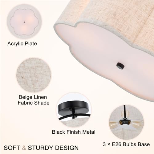 Tunkayli 18" Semi Flush Mount Ceiling Light Modern 3-Lights Black Drum Ceiling Light Fixture with Fabric Linen Shade, Vintage Modern Ceiling Lighting for Laundry Room, Kitchen, Basement, Bedroom by Tunkayli - Used condition - Image 3
