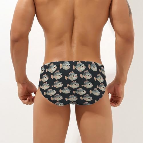 Puffer Fish Printed Swim Briefs for Men Sexy Bikini Swimwear Elastic Beach Trunks Bathing Suit3