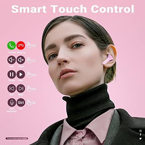 Wireless Headphones, Bluetooth Earbuds ENC Noise Cancelling Translucent Earphones in Ear, HiFi Stereo Dual Microphone Mini Sport Ear Buds with Fast Charging, LED Digital Display & Silicone Case, Pink