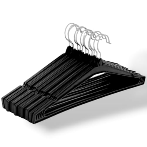 Image of Plastic Cloth Hanger for Wardrobe, Set of 12, Black | Hanger for Clothes Hanging | Heavy-Duty & Non-Slip - Space-Saving Hangers for Shirts, Pants, Coats, Suits