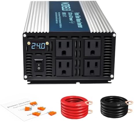 WZRELB 2000W Pure Sine Wave Inverter 24V DC to 110V 120V AC Power Converter with LED Display, Off-Grid Portable Power Inverter with 4 AC Outlets for Home, RV, Truck, Camping