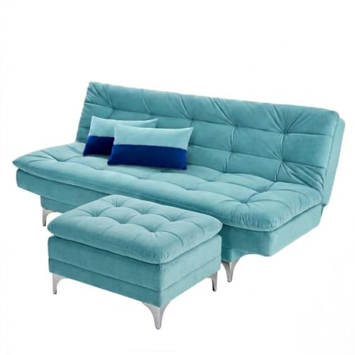 Image of FURNY Supersoft 3 Seater Fabric Sofa Cum Bed with Ottoman (Sky Blue) Premium Velvet Finish with Extra 2 Cushions, Ideal for Living Rooms, Bedrooms, Offices