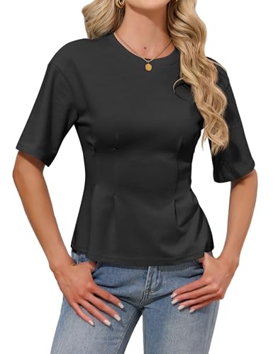 DATAMOUNT Women's Peplum Top, Cinched Waist Short Sleeve Crew Neck Black - image 1