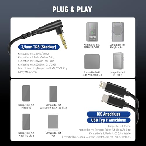NEEWER Audiokabel Set, 2er Pack, Stecker auf Stecker 3,5mm TRS auf USB C + 3,5mm TRS auf iOS, kompatibel mit DJI Mic Rode Wireless GO II Hollyland CM28 CM31 Funkmikrofon iPhone iPad Android Mac