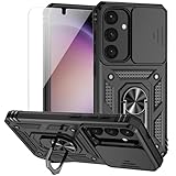 for Samsung Galaxy S25 Plus Case with Camera Lens Cover HD Screen Protector, Military-Grade Drop Tested Magnetic Ring Holder Kickstand Protective Phone Case for Samsung Galaxy S25 Plus (Black)