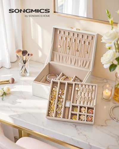 SONGMICS 2-Layer Jewelry Box, Jewelry Organizer with Handle, Removable Tray  Storage for Necklaces Earrings Rings Watches, Gift Idea, 8.1 x 6.7 x 4.1 Inches, Cream White, GREETA Collection UJBC208WD01 - image 2