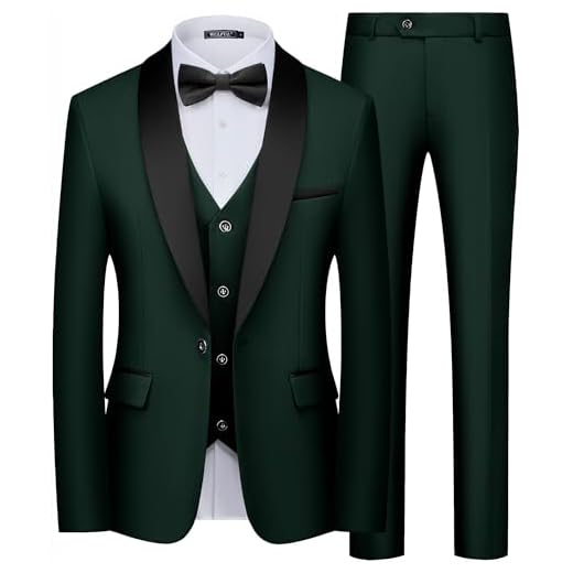 WULFUL Conjunto masculino de 3 peças, conjunto de terno de smoking slim fit, um botão, xale, lapela, blazer jaqueta, colete e calça para formatura, negócios, Verde escuro, PP