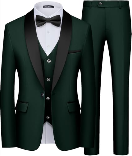 WULFUL Mens 3 Piece Suits Slim Fit Tuxedo Suit Set One Button Shawl Lapel Blazer Jacket Vest Pants Set for Prom Business Dark Green