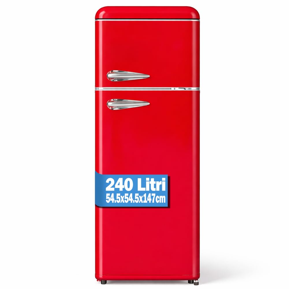 BAKAJI Frigorifero 240 Litri Doppia Porta Design Anni 50, Frigo con Congelatore Salvaspazio, Silenzioso, Temperatura Regolabile, Alto Livello di Stoccaggio, 54.5 x 54.5 x 147 cm (Rosso)