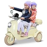 Letsgoride 12V 2 Seater Ride on Motorcycle for Kids, Electric Moped Scooter with Storage Box, Music, LED Light, Horn, 2x50W Motors, 60 mins Ride Time, Toddler Ride on Toys for Girls Boys (Beige)