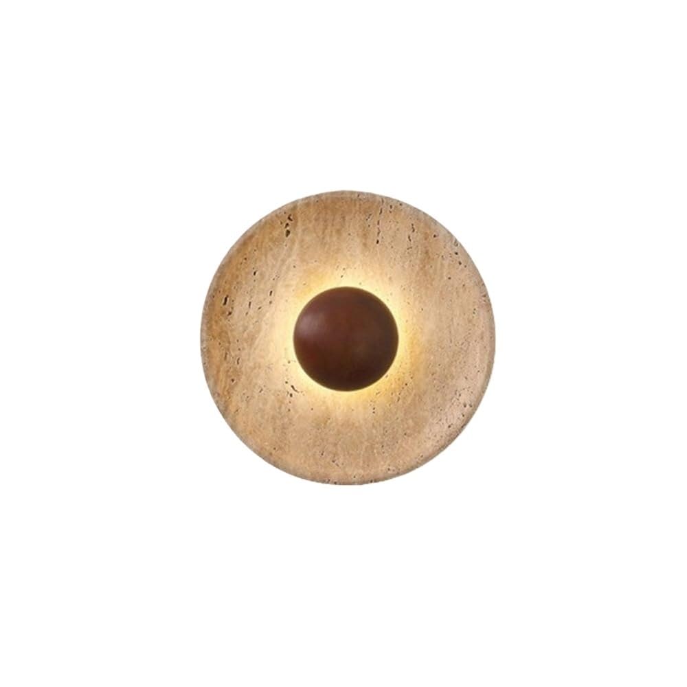 NHPJFDC Round LED Wall Sconce Travertine Effect Stone Look Japandi Style Hardwired Backlit Warm White Light Rustic Wall Fixture for Bedroom Living Room Hallway Decor(Brown)